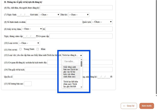 Các loại bản sao giấy tờ hộ tịch được cung cấp qua nộp hồ sơ trực tuyến