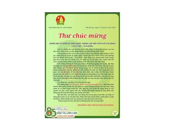 Hội đồng Đội thành phố kính gửi các đồng chí Thư chúc mừng nhân dịp 85 năm ngày thành lập Đội TNTP Hồ Chí Minh (15/5/1941 - 15/5/2026).