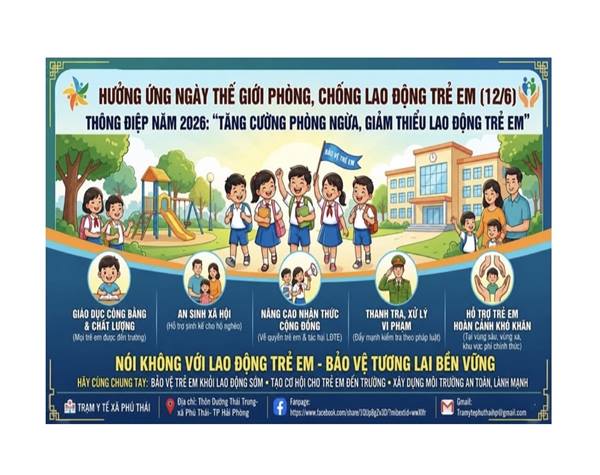 Hưởng ứng ngày thế giới phòng, chống lao độngt rẻ em (12/06). Thông điệp năm 2026: “Tăng cường phòng ngừa, giảm thiểu lao động trẻ em”