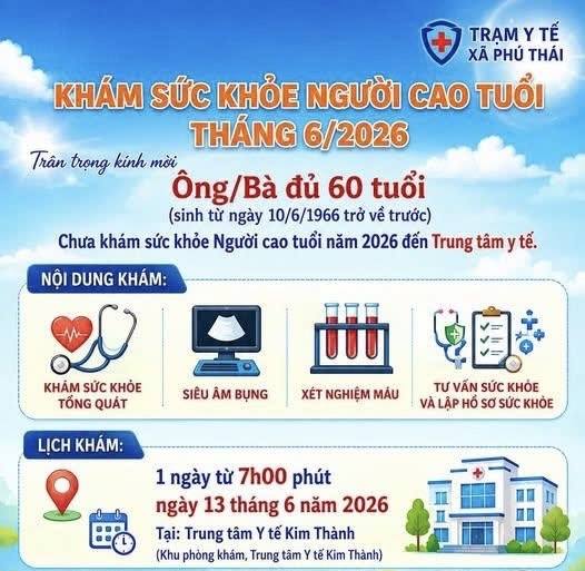 Trạm y tế xã Phú Thái phối hợp với Trung tâm Y tế Kim Thành tổ chức khám sức khỏe định kỳ MIỄN PHÍ cho người cao tuổi trên địa bàn xã.