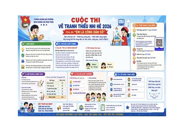 Sân chơi bổ ích, lành mạnh cho thiếu nhi trong dịp hè, đồng thời nâng cao nhận thức về chuyển đổi số, kỹ năng sử dụng Internet an toàn, văn minh, Ban Thường vụ Đoàn xã Phú Thái tổ chức Cuộc thi Vẽ tranh thiếu nhi hè năm 2026 với chủ đề “Em là Công dân số”.