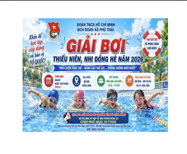 BCH Đoàn xã Phú Thái tổ chức Giải bơi Thiếu niên, nhi đồng hè năm 2026.