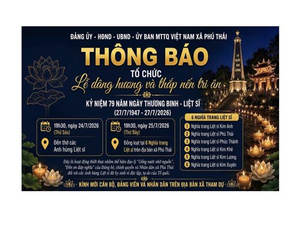 Đảng ủy - HĐND - UBND - UBMTTQ Việt Nam xã Phú Thái thông báo tổ chức Lễ dâng hương và thắp nến tri ân các anh hùng Liệt Sĩ năm 2026.