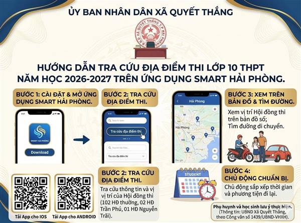 HƯỚNG DẪN TRA CỨU ĐỊA ĐIỂM THI LỚP 10 THPT NĂM HỌC 2026 - 2027 TRÊN ỨNG DỤNG SMART HẢI PHÒNG