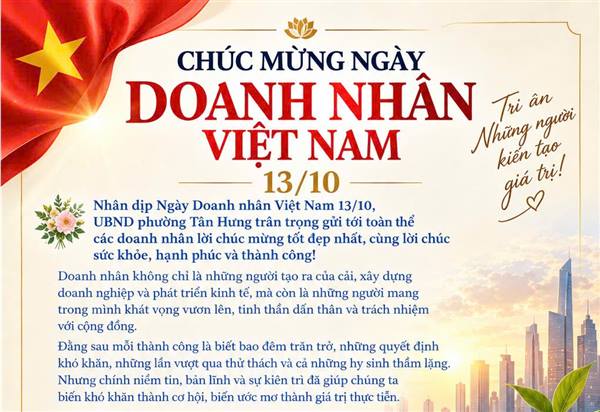 Thư chúc mừng của UBND phường Tân Hưng nhân ngày Doanh nhân Việt Nam
