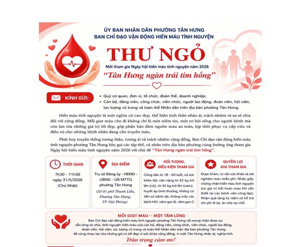 Thư ngỏ mời tham gia Ngày hội hiến máu tình nguyện 2026 "Tân Hưng ngàn trái tim hồng"