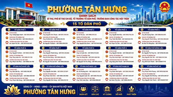 Danh sách số điện thoại của Bí thư, Tổ trưởng Tổ dân phố, Trưởng Ban Công tác Mặt trận 15 Tổ dân phố trên địa bàn phường Tân Hưng