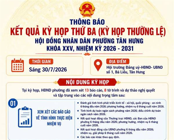 Thông báo
Kết quả Kỳ họp thứ Ba (kỳ họp thường lệ)
Hội đồng nhân dân phường Tân Hưng khóa XXV, nhiệm kỳ 2026 - 2031