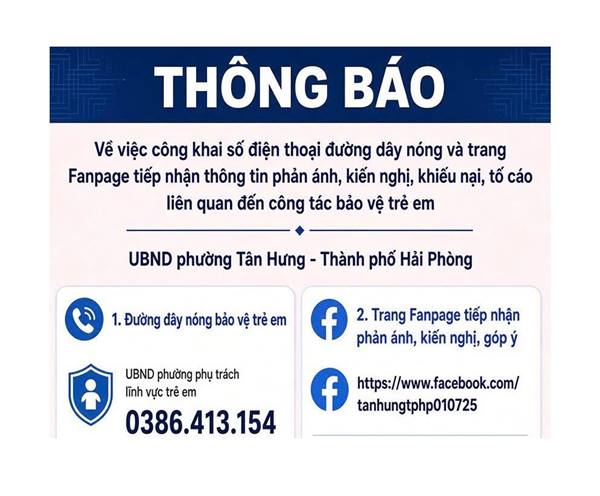 Công khai số điện thoại đường dây nóng và trang Fanpage tiếp nhận phản ánh, kiến nghị, khiếu nại, tố cáo về công tác bảo vệ trẻ em