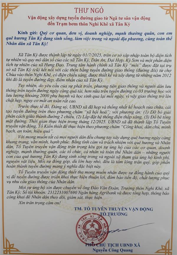 Tân Kỳ kêu gọi xã hội hóa xây dựng tuyến đường từ ngã tư Sân vận động đến Trạm bơm thôn Nghi Khê