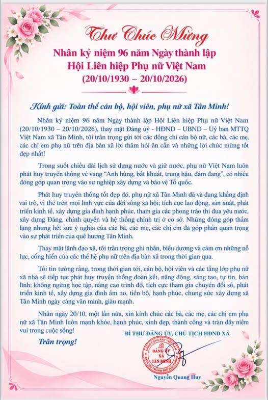 Thư chúc mừng của Đảng ủy – HĐND – UBND – Ủy ban MTTQ Việt Nam xã Tân Minh nhân kỷ niệm 96 năm Ngày thành lập Hội Liên hiệp Phụ nữ Việt Nam (20/10/1930 – 20/10/2026) và Ngày Phụ nữ Việt Nam 20/10