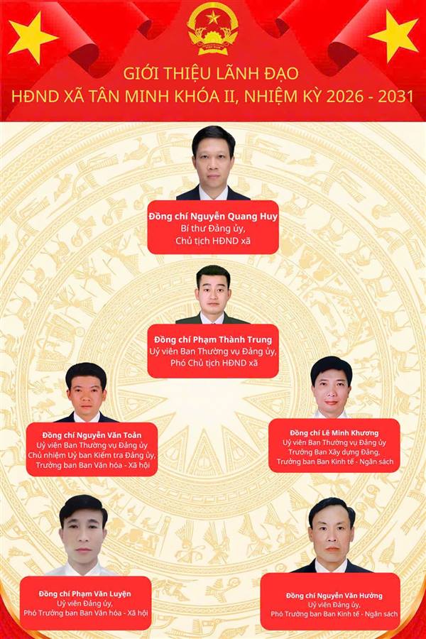 Trân trọng giới thiệu chân dung các đồng chí lãnh đạo HĐND - UBND xã Tân Minh khoá II, nhiệm kỳ 2026 - 2031