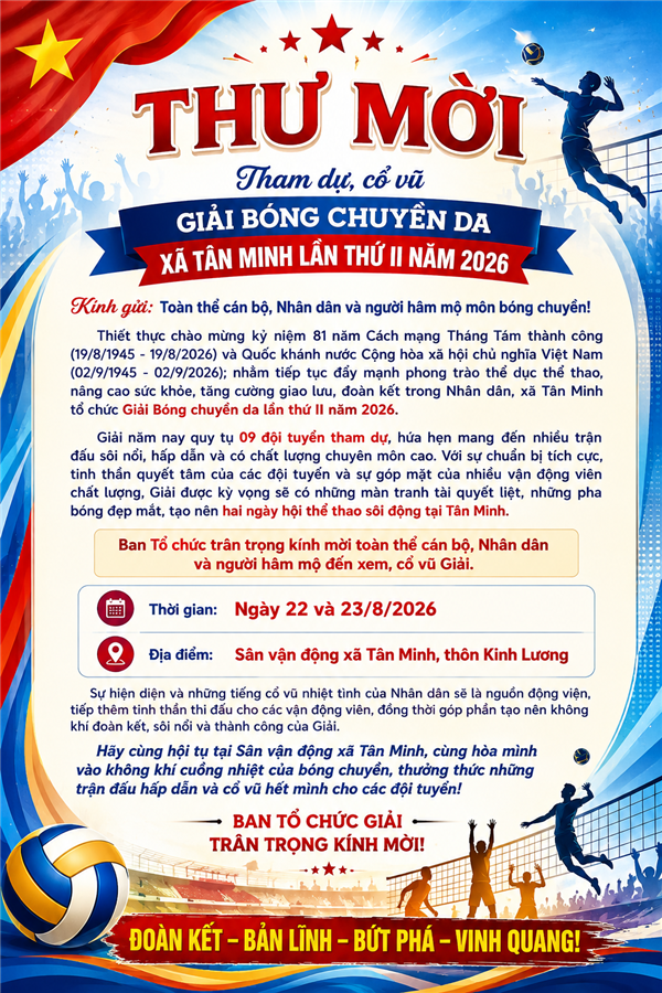 Thông báo về việc mời Nhân dân đến xem, cổ vũ Giải Bóng chuyền da xã Tân Minh lần thứ II năm 2026