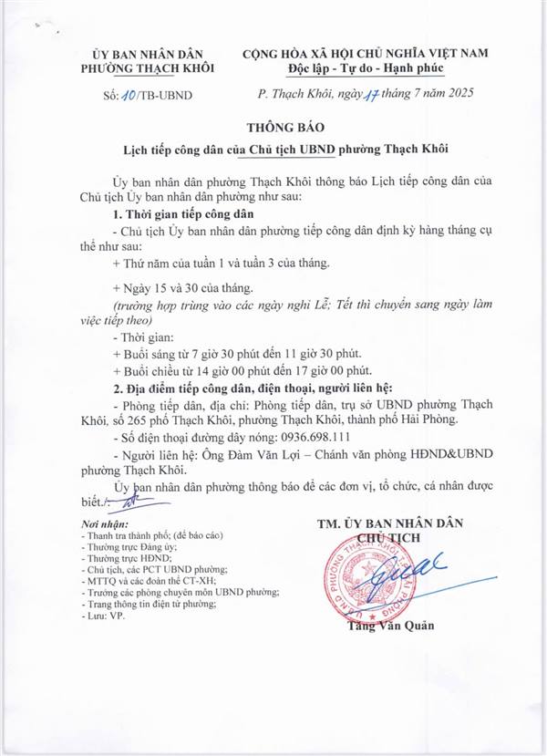 Thông báo lịch tiếp công dân của Chủ tịch UBND phường Thạch Khôi