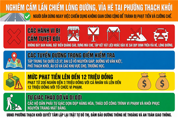 Thông báo về việc nghiêm cấm chiếm dụng trái phép lòng đường, vỉa hè để kinh doanh, buôn bán và tập kết vật liệu gây mất an toàn giao thông, an ninh trật tự, vệ sinh môi trường và mỹ quan đô thị tại các tuyến đường trên địa bàn phường Thạch Khôi