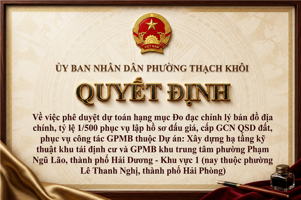 QUYẾT ĐỊNH về việc phê duyệt dự toán hạng mục Đo đạc chỉnh lý bản đồ địa chính, tỷ lệ 1/500 phục vụ lập hồ sơ đấu giá, cấp GCN QSD đất, phục vụ công tác GPMB thuộc Dự án: Xây dựng hạ tầng kỹ thuật khu tái định cư và GPMB khu trung tâm phường Phạm Ngũ Lão, thành phố Hải Dương - Khu vực 1 (nay thuộc phường Lê Thanh Nghị, thành phố Hải Phòng)