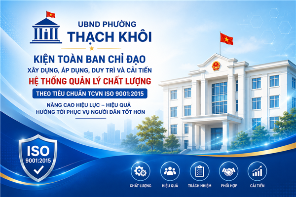 QUYẾT ĐỊNH kiện toàn Ban Chỉ đạo xây dựng, áp dụng, duy trì và cải tiến Hệ thống quản lý chất lượng theo tiêu chuẩn TCVN ISO 9001:2015 tại UBND phường Thạch Khôi 