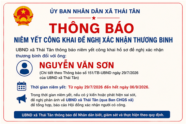Thông báo niêm yết công khai đề nghị xác nhận thương binh đối với ông Nguyễn Văn Sơn