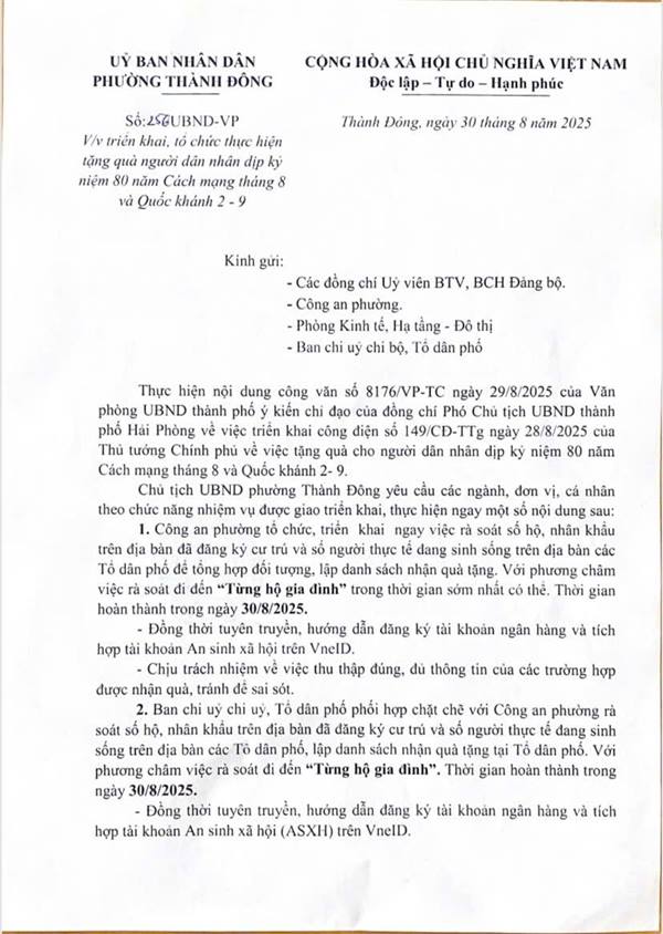 TRIỂN KHAI, TỔ CHỨC THỰC HIỆN TẶNG QUÀ NGƯỜI DÂN NHÂN DỊP KỶ NIỆM 80 NĂM CÁCH MẠNG THÁNG 8 VÀ QUỐC KHÁNH 2/9