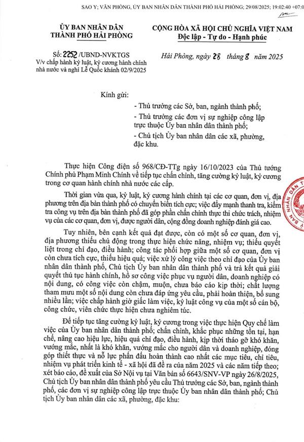 CÔNG ĐIỆN VỀ VIỆC CHẤP HÀNH KỶ LUẬT, KỶ CƯƠNG HÀNH CHÍNH NHÀ NƯỚC VÀ NGHỈ LỄ QUỐC KHÁNH 2/9/2025