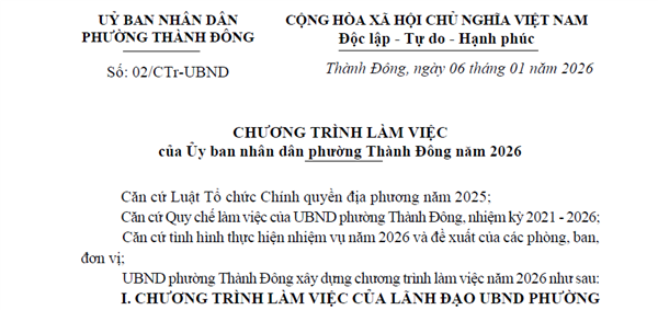 Chương trình làm việc của Ủy ban nhân dân phường Thành Đông năm 2026