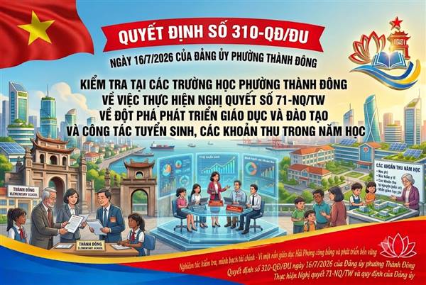 Quyết định số 310-QĐ/ĐU ngày 16/7/2026 của Đảng ủy phường Thành Đông về việc kiểm tra việc lãnh đạo, chỉ đạo và tổ chức thực hiện Nghị quyết số 71-NQ/TW,
ngày 22/8/2025 của Bộ Chính trị về đột phá phát triển giáo dục và đào tạo; công tác lãnh đạo, chỉ đạo và thực hiện công tác tuyển sinh và các khoản thu trong năm học