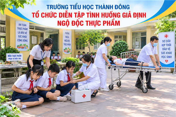 Trường Tiểu học Thành Đông tổ chức diễn tập tình huống giả định ngộ độc thực phẩm