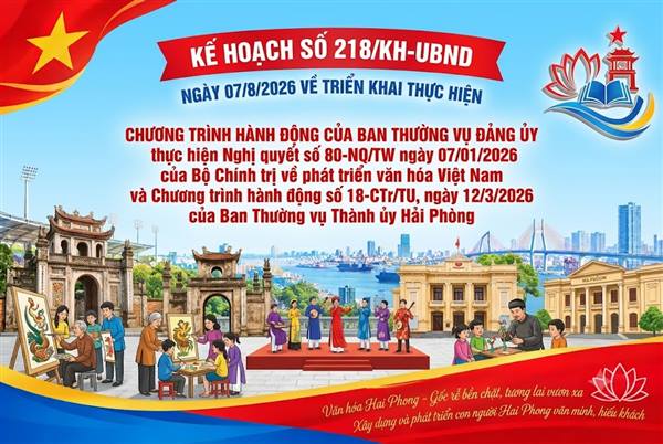 Kế hoạch số 218/KH-UBND ngày 07/8/2026 về triển khai thực hiện Chương trình hành động của Ban Thường vụ Đảng ủy thực hiện Nghị quyết số 80-NQ/TW ngày 07/01/2026 của Bộ Chính trị về phát triển văn hóa Việt Nam và Chương trình hành động số 18-CTr/TU, ngày 12/3/2026 của Ban Thường vụ Thành ủy Hải Phòng
thực hiện Nghị quy