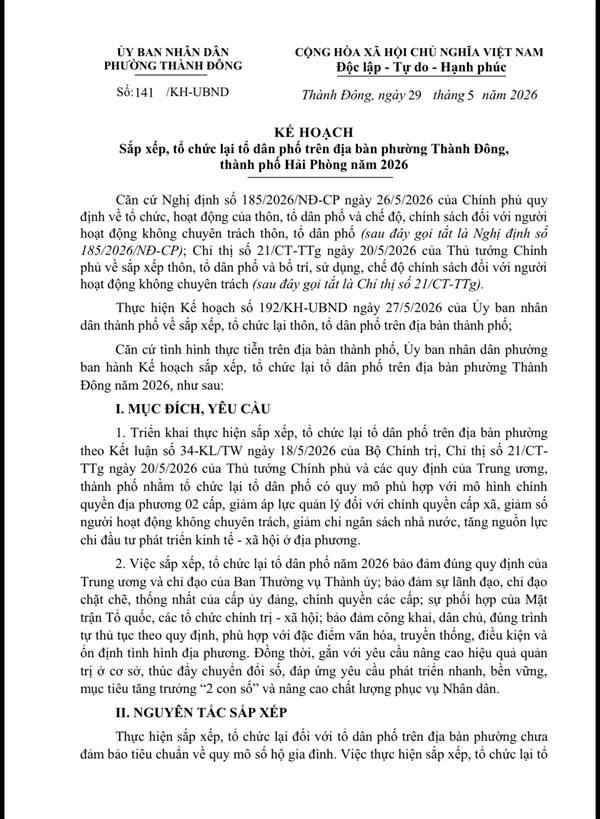KẾ HOẠCH
Sắp xếp, tổ chức lại tổ dân phố trên địa bàn phường Thành Đông, thành phố Hải Phòng năm 2026