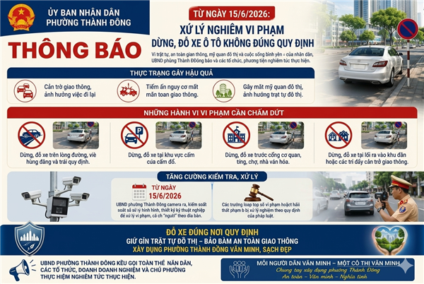 Thông báo về việc xử lý nghiêm các hành vi dừng, đỗ xe ô tô không đúng quy định từ ngày 15/6/2026