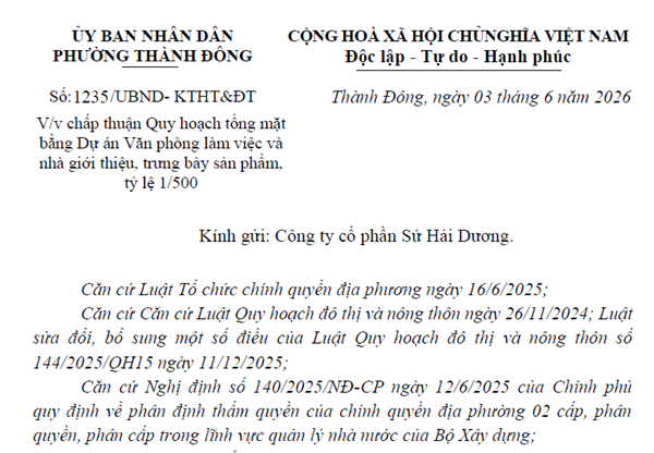 Thông báo về việc công khai Quy hoạch tổng mặt bằng Dự án Văn phòng làm việc và nhà giới thiệu, trưng bày sản phẩm của Công ty cổ phần Sứ Hải Dương