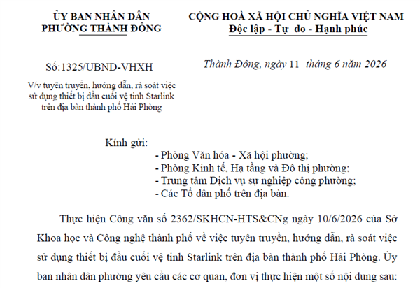 Công văn tuyên truyền, hướng dẫn, rà saoát việc sử dụng thiết bị đầu cuối vệ tinh Starlink trên địa bàn phường Thành Đông