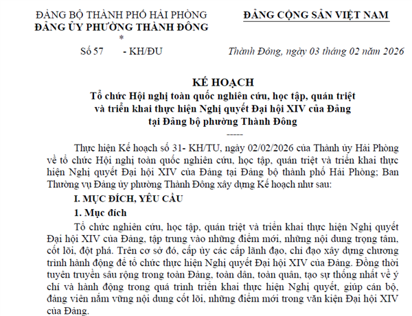 Đảng ủy phường Thành Đông tổ chức học tập, quán triệt và triển khai thực hiện Nghị quyết Đại hội XIV của Đảng