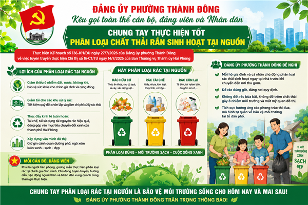 Phường Thành Đông tăng cương phân loại chất thải rắn sinh hoạt tại nguồn: Hành động nhỏ, ý nghĩa lớn cho một đô thị xanh