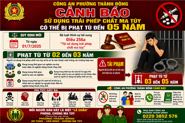 Công an phường Thành Đông cảnh báo: Sử dụng trái phép chất ma túy có thể bị phạt tù đến 05 năm theo quy định mới