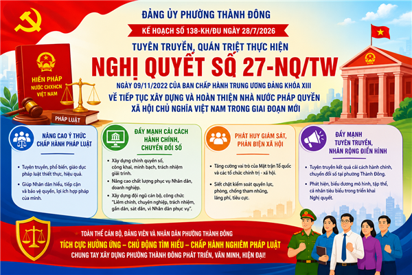 Đảng ủy phường Thành Đông đẩy mạnh tuyên truyền, thực hiện Nghị quyết số 27-NQ/TW về xây dựng và hoàn thiện nhà nước pháp quyền xã hội chủ nghĩa Việt Nam trong giai đoạn mới
