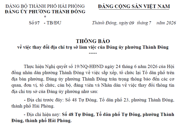 Thông báo về về việc thay đổi địa chỉ trụ sở làm việc của Đảng ủy phường Thành Đông