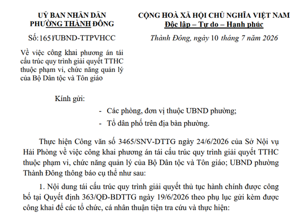 Phường Thành Đông công khai phương án tái cấu trúc quy trình giải quyết TTHC thuộc phạm vi, chức năng quản lý của Bộ Dân tộc và Tôn giáo