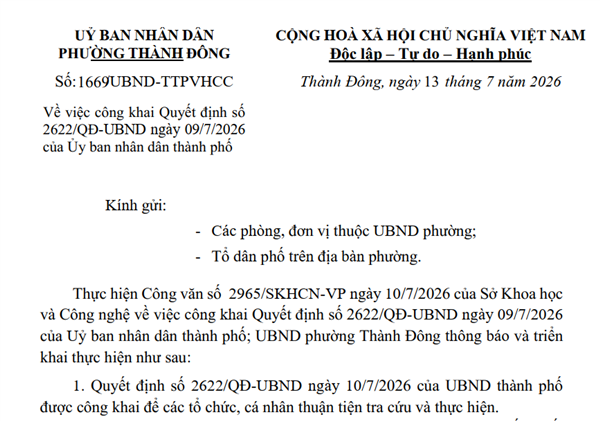 Ủy ban nhân dân phường Thành Đông công khai Quyết định số 2622/QĐ-UBND ngày 09/7/2026 của UBND thành phố Hải Phòng 