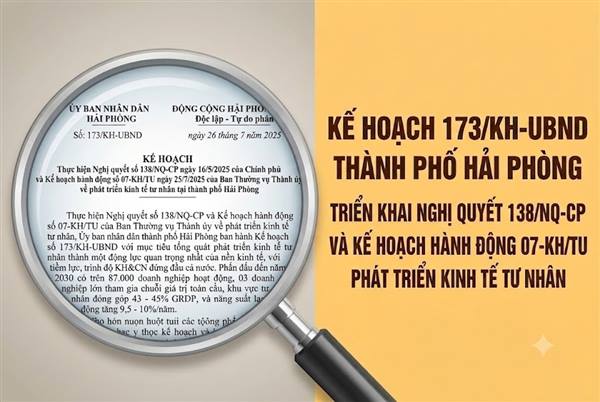Kế hoạch số 173/KH-UBND ngày 26/7/2025 của Ủy ban nhân dân thành phố Hải Phòng nhằm triển khai Nghị quyết số 138/NQ-CP của Chính phủ và Kế hoạch hành động số 07-KH/TU của Ban Thường vụ Thành ủy về phát triển kinh tế tư nhân trên địa bàn thành phố.