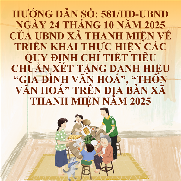 Hướng dẫn
Triển khai thực hiện các quy định chi tiết tiêu chuẩn xét tặng danh hiệu
“Gia đình Văn hoá”, “Thôn văn hoá” trên địa bàn xã Thanh Miện năm 2025