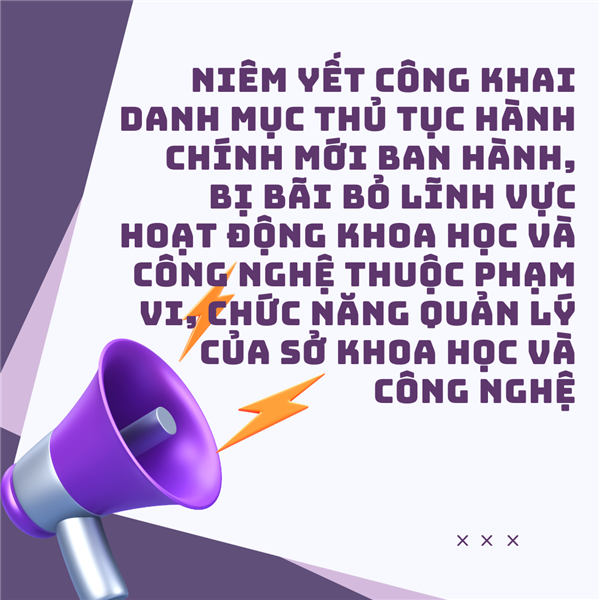 Niêm yết công khai danh mục thủ tục hành chính mới ban hành, bị bãi bỏ
lĩnh vực hoạt động khoa học và công nghệ thuộc phạm vi, chức năng
quản lý của Sở Khoa học và Công nghệ