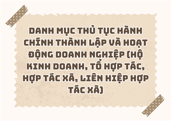 THỦ TỤC HÀNH CHÍNH
THÀNH LẬP VÀ HOẠT ĐỘNG DOANH NGHIỆP (HỘ KINH DOANH.,
TỔ HỢP TÁC, HỢP TÁC XÃ, LIÊN HIỆP HỢP TÁC XÃ)