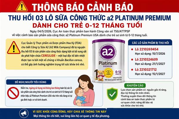 CẢNH BÁO THU HỒI 3 LÔ SỮA CÔNG THỨC a2 PLATINUM PREMIUM DÀNH CHO TRẺ 0-12 THÁNG TUỔI
