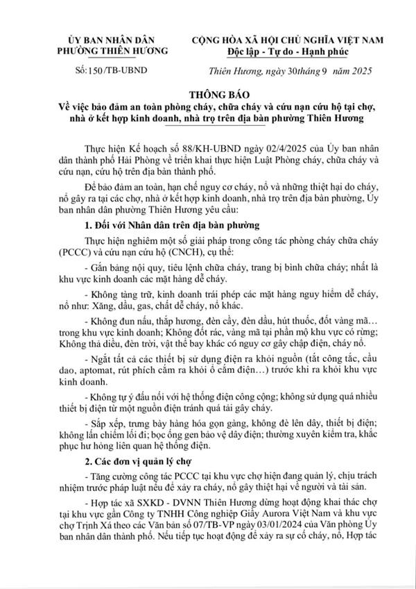 Uỷ ban nhân dân phường Thiên Hương thông báo 📢📢📢