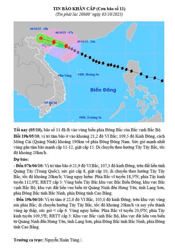 Tin bão khẩn cấp (Cơn bão số 11) cập nhật lúc 20h, ngày 5/10/2025
