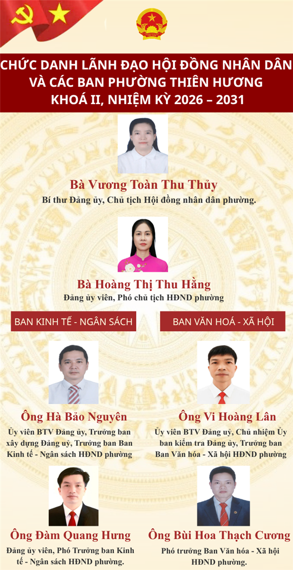 GIỚI THIỆU LÃNH ĐẠO HĐND, UBND PHƯỜNG THIÊN HƯƠNG NHIỆM KỲ 2026 – 2031