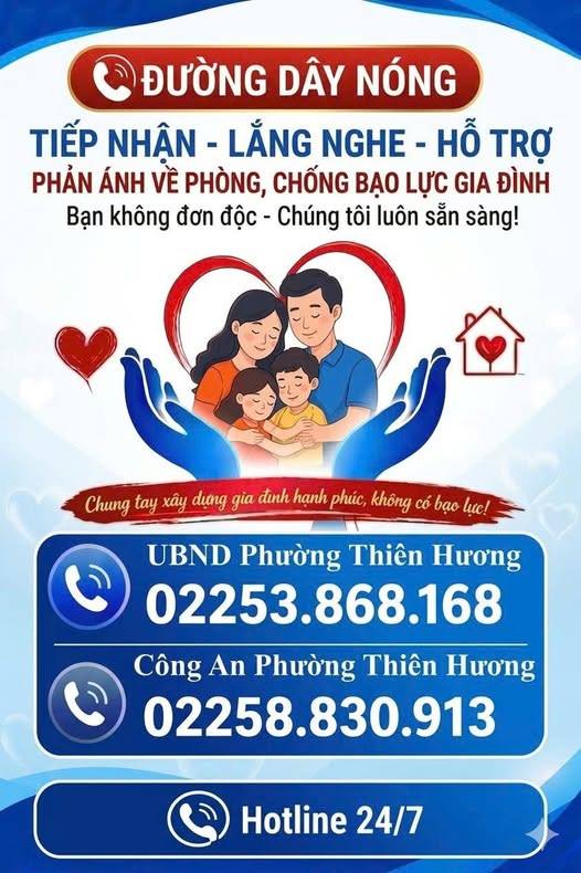Uỷ ban Nhân dân phường Thiên Hương công bố công khai số điện thoại đường dây nóng về phòng chống bạo lực gia đình phường Thiên Hương