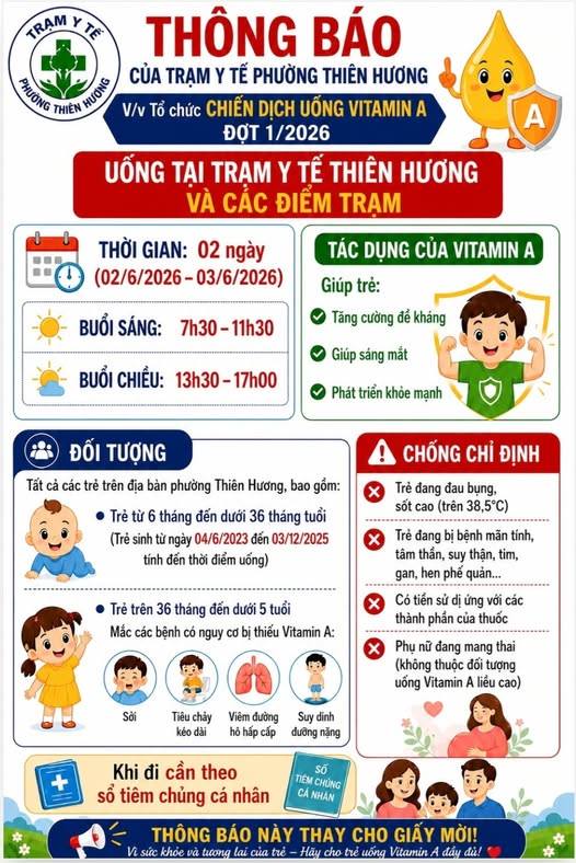 Trạm y tế phường Thiên Hương thông báo lịch uống Vitamin A cho trẻ từ 6 tháng đến dưới 36 tháng tuổi trên địa bàn phường.