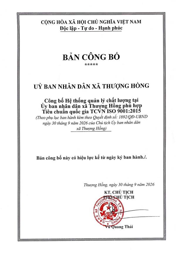 QUYẾT ĐỊNH CÔNG BỐ HỆ THỐNG QUẢN LÝ CHẤT LƯỢNG PHÙ HỢP THEO TIÊU CHUẨN QUỐC GIA TCVN ISO 9001:2015